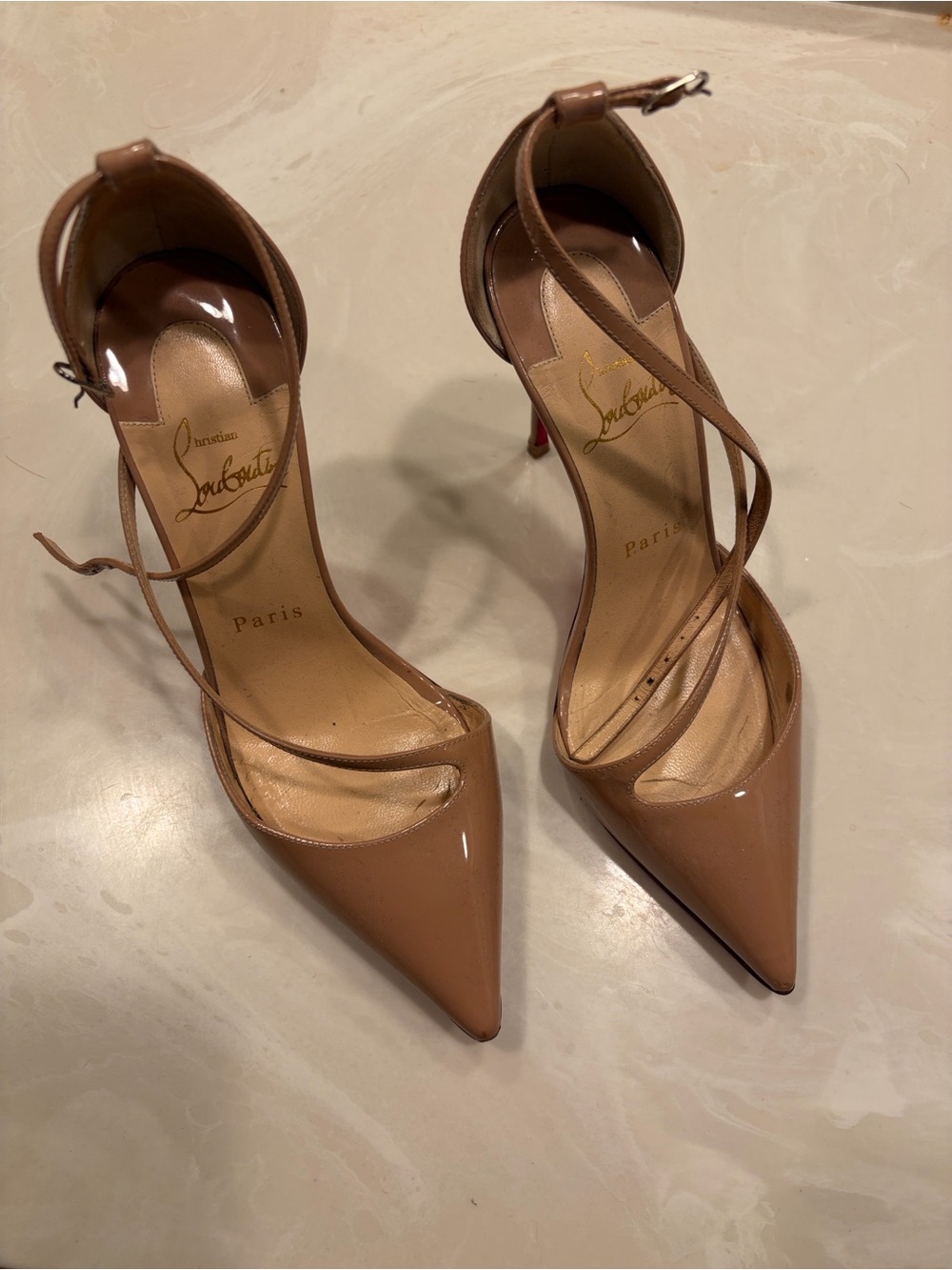 Christian Louboutin Nude Patent Pointed-Toe Ankle-Strap Pumps